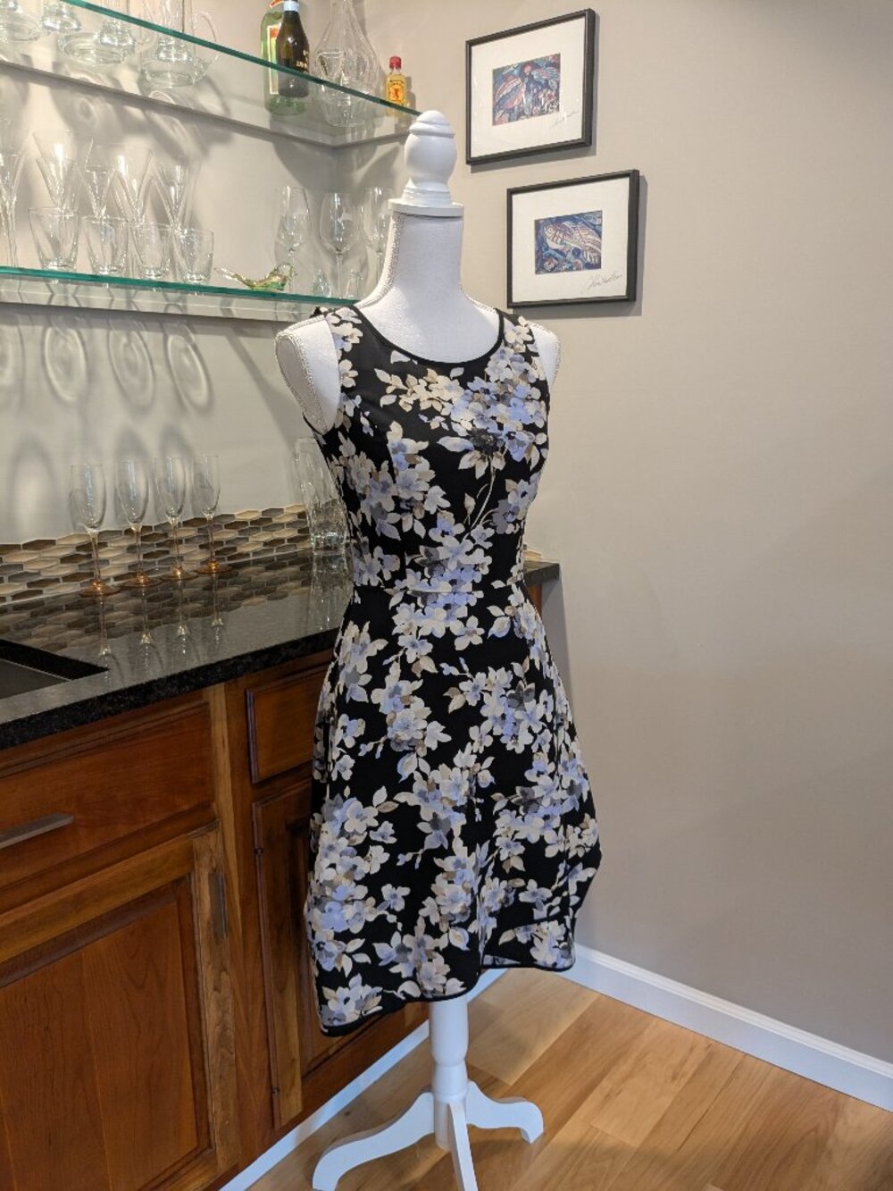 WHBM High Low Sleeveless Sky BlueFloral Office Cocktail Party Fit & Flare Dress